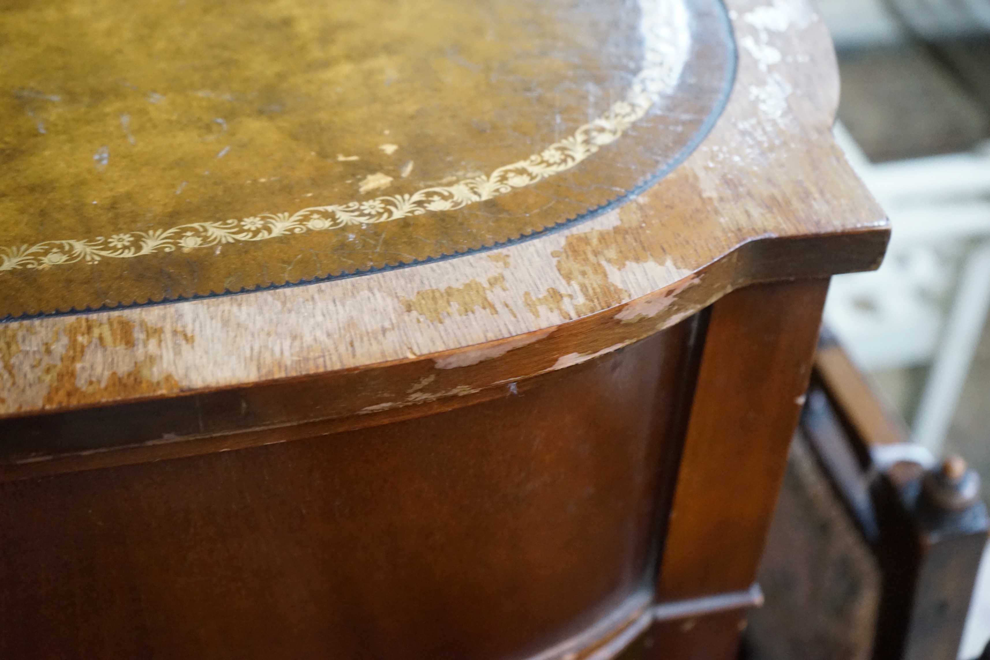 Two reproduction leather topped mahogany bedside tables, width 56cm, depth 56cm, height 57cm